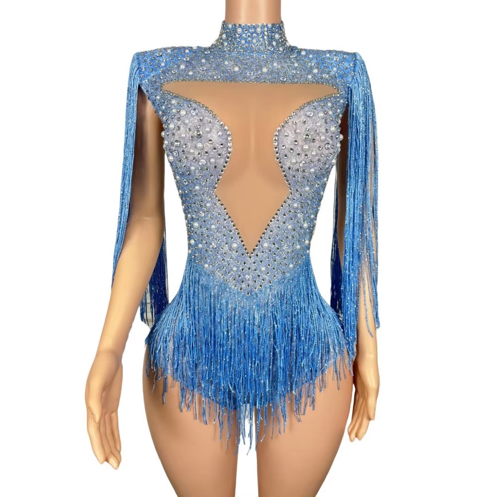 Rhinestone Banding Trim - Body de malla sexy con borlas