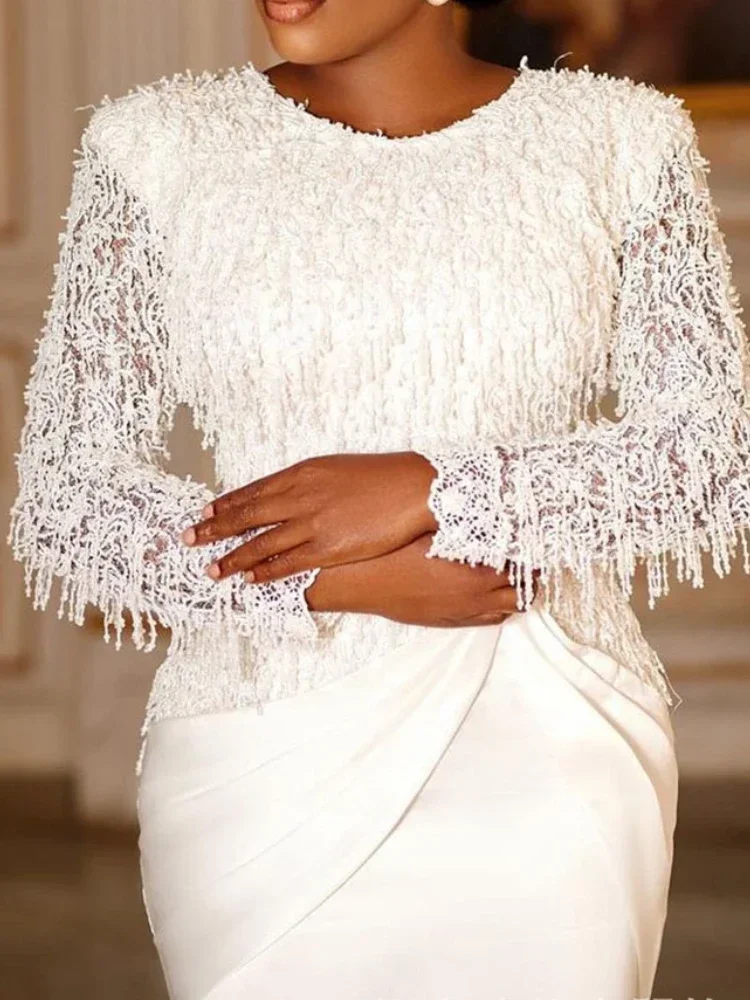 Tassel Fringe Trim - Vestido blanco Formal de manga larga