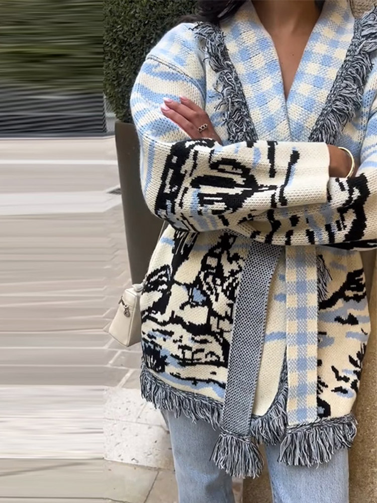 Cárdigan de Punto con Estampad - Tassel Fringe Trim reseña y precio