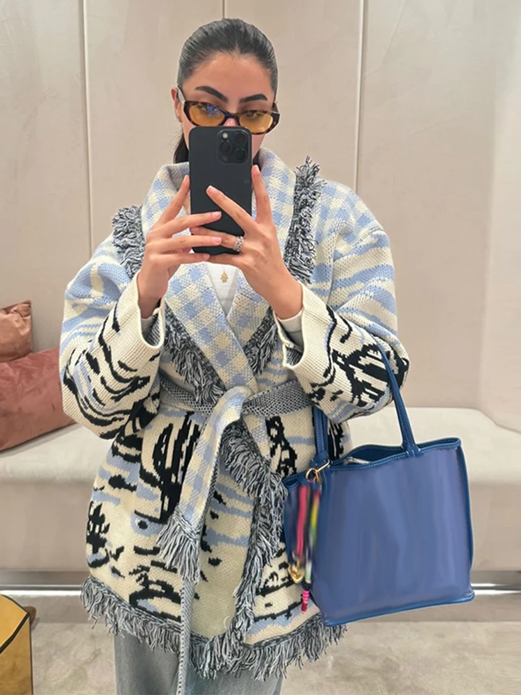 Cárdigan de punto estampado co - Tassel Fringe Trim reseña y precio
